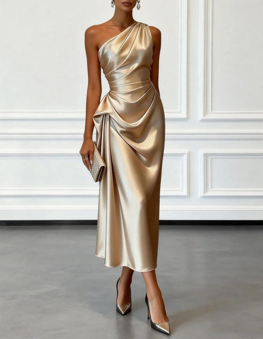 Black Vivienne One-Shoulder Satin Midi Dress