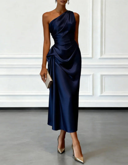 Champagne Vivienne One-Shoulder Satin Midi Dress