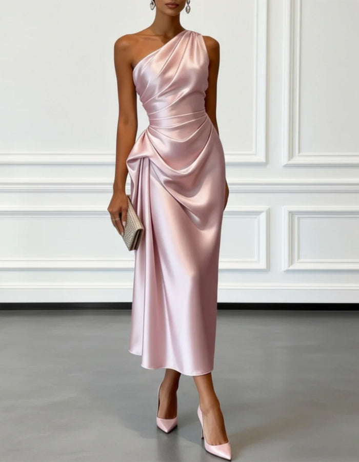 Black Vivienne One-Shoulder Satin Midi Dress
