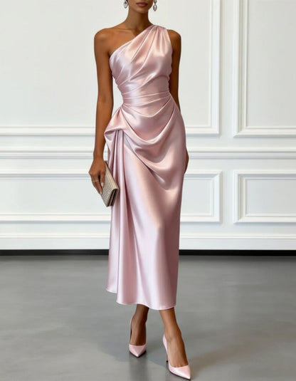 White Vivienne One-Shoulder Satin Midi Dress