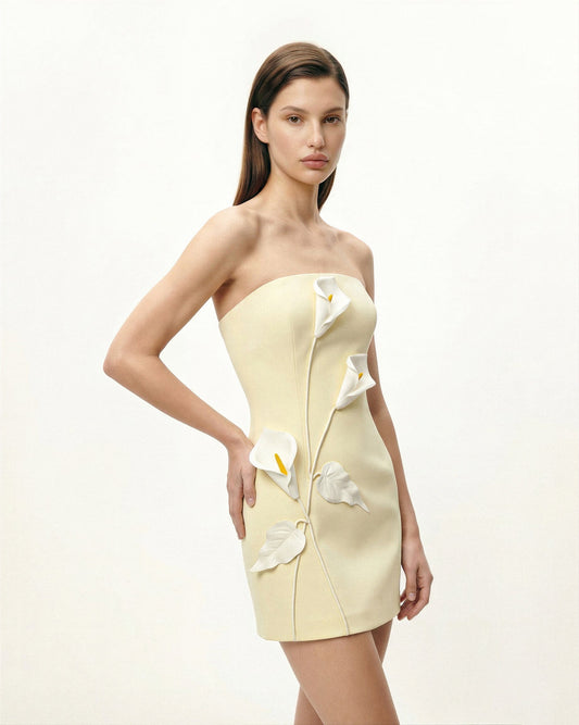 Yellow Margot Floral Appliqué Strapless Dress in Yellow