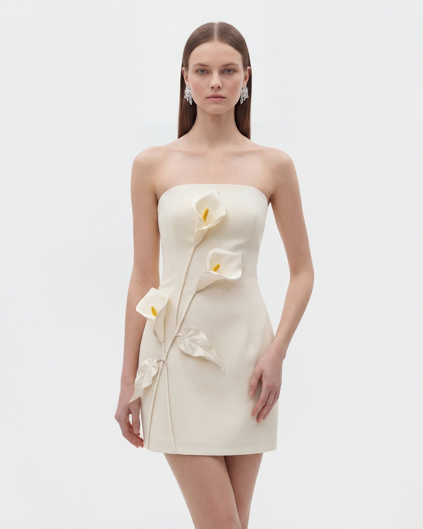 White Margot Floral Appliqué Strapless Dress in Yellow