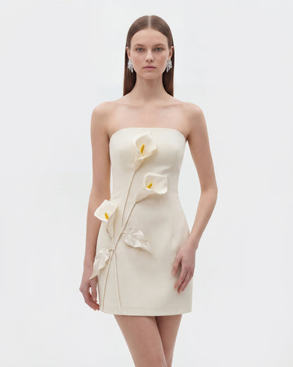 White Margot Floral Appliqué Strapless Dress in Yellow