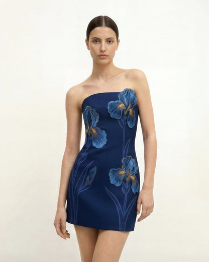 Navy blue Iris Floral Strapless Dress