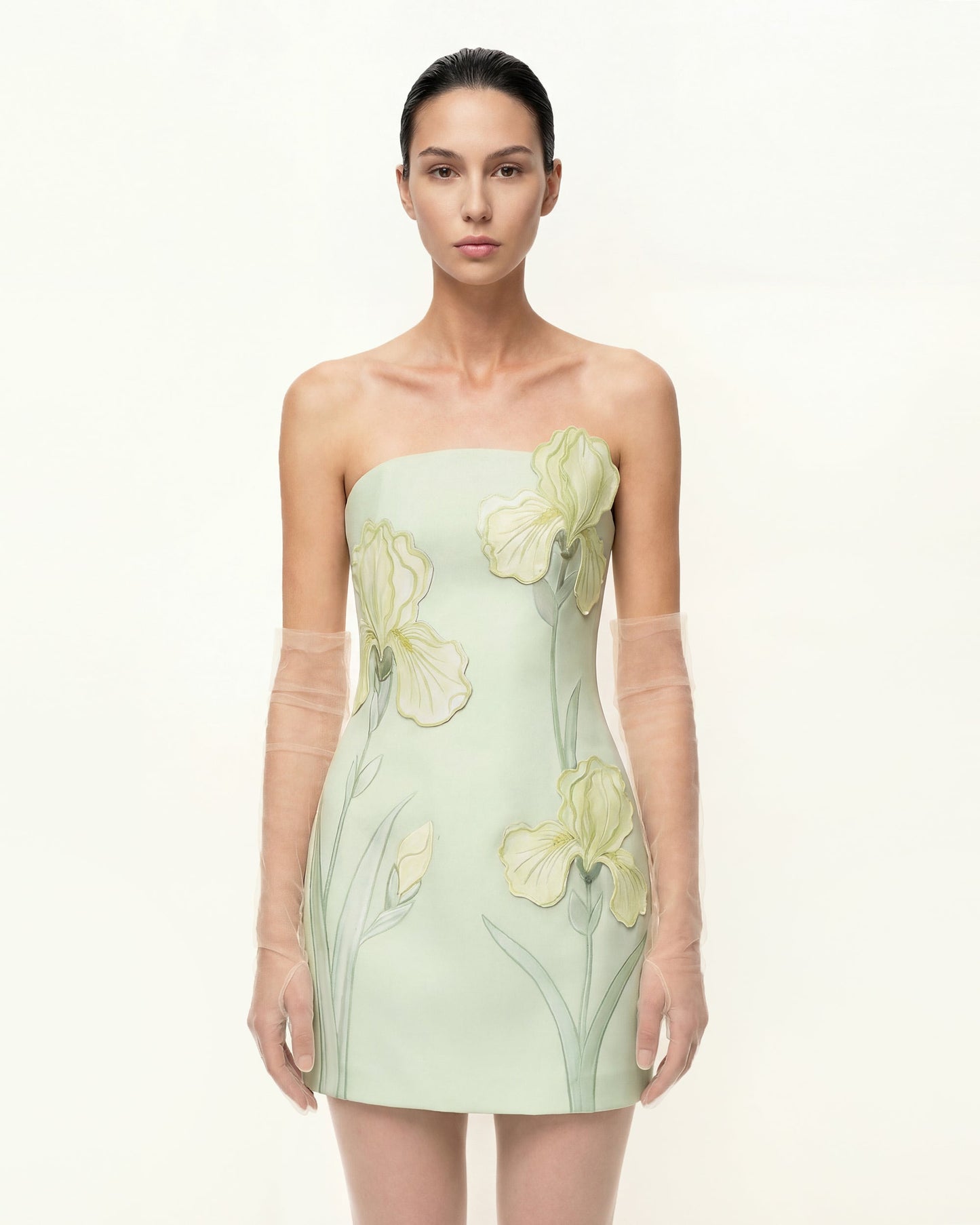 Green Iris Floral Strapless Dress
