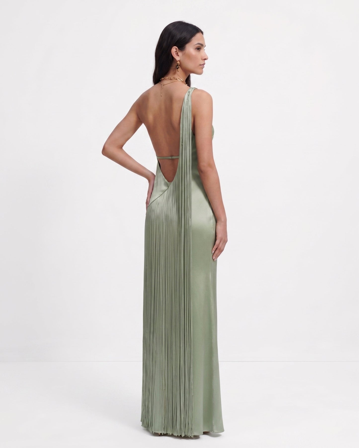 Sage Green Margot One-Shoulder Fringe Maxi Dress