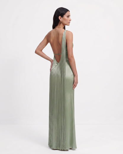 Sage Green Margot One-Shoulder Fringe Maxi Dress
