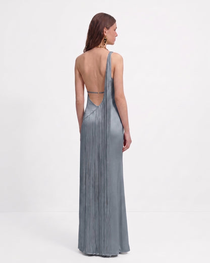 Misty Blue Margot One-Shoulder Fringe Maxi Dress