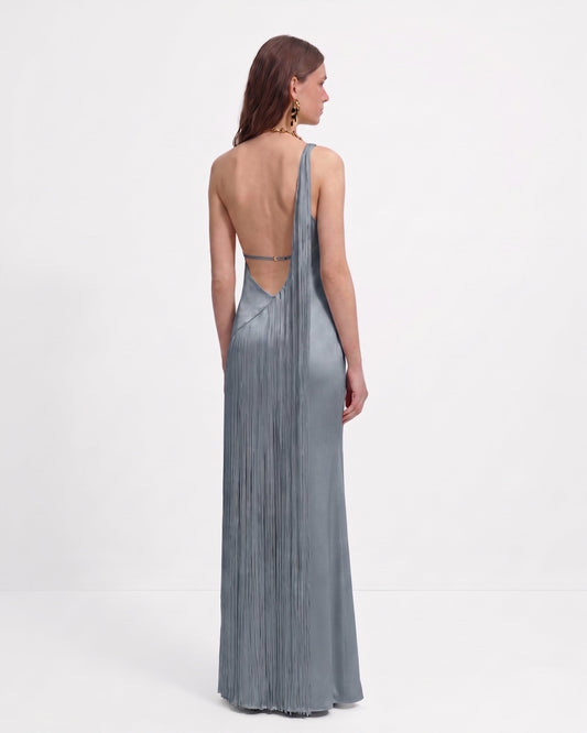Misty Blue Margot One-Shoulder Fringe Maxi Dress