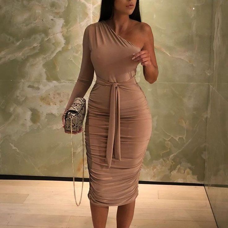 Beige One Shoulder Ruched Slinky Midi Dress | Color: Brown/Tan | Size: 6