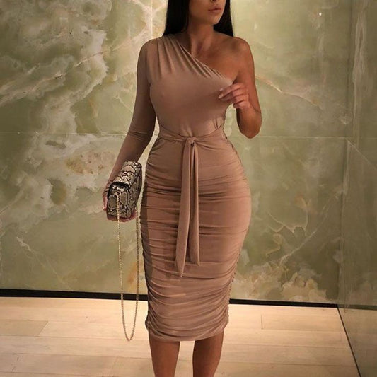 Beige One Shoulder Ruched Slinky Midi Dress | Color: Brown/Tan | Size: 6