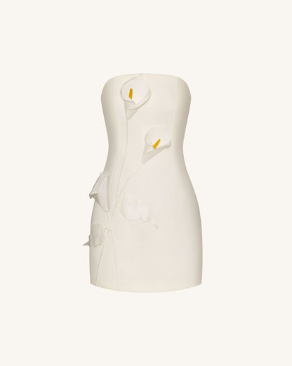 White Margot Floral Appliqué Strapless Dress in Yellow