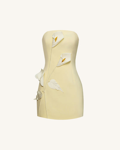 Yellow Margot Floral Appliqué Strapless Dress in Yellow