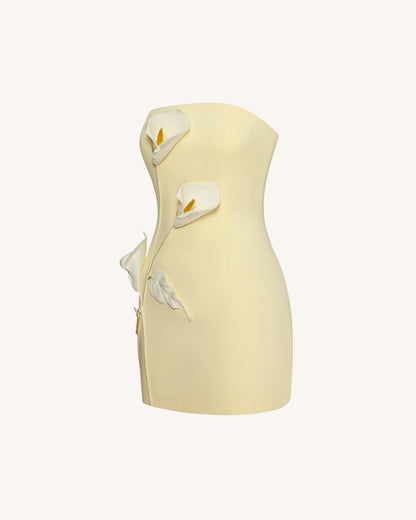 Yellow Margot Floral Appliqué Strapless Dress in Yellow
