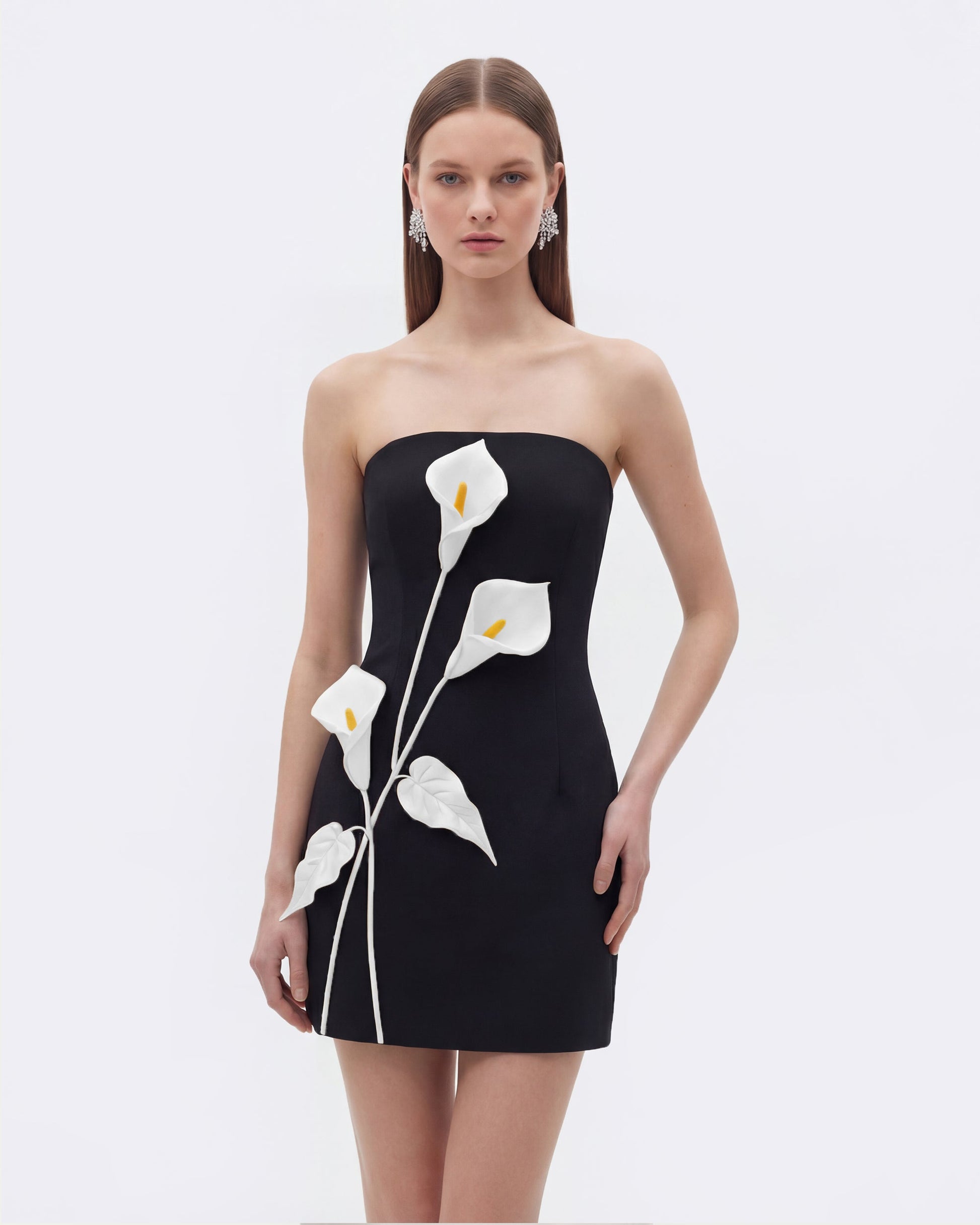 Black Margot Floral Appliqué Strapless Dress in Yellow