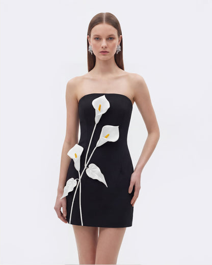 Black Margot Floral Appliqué Strapless Dress in Yellow