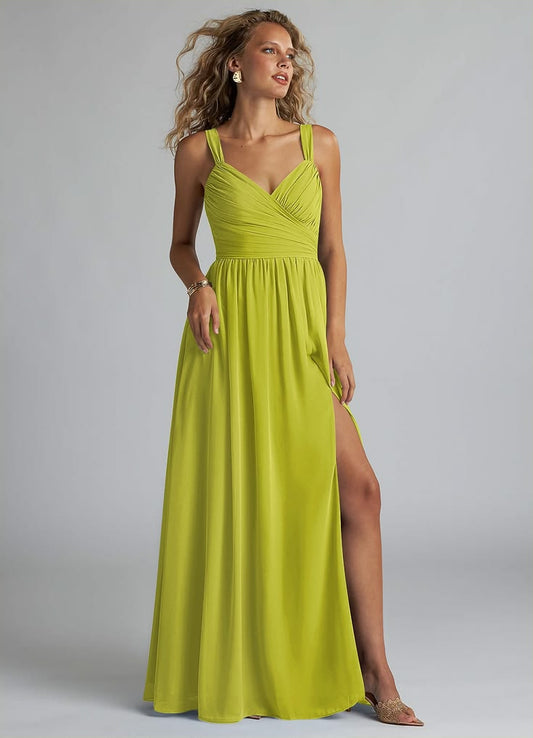 Celeste A-Line Chiffon Floor-Length Dress in Lemongrass