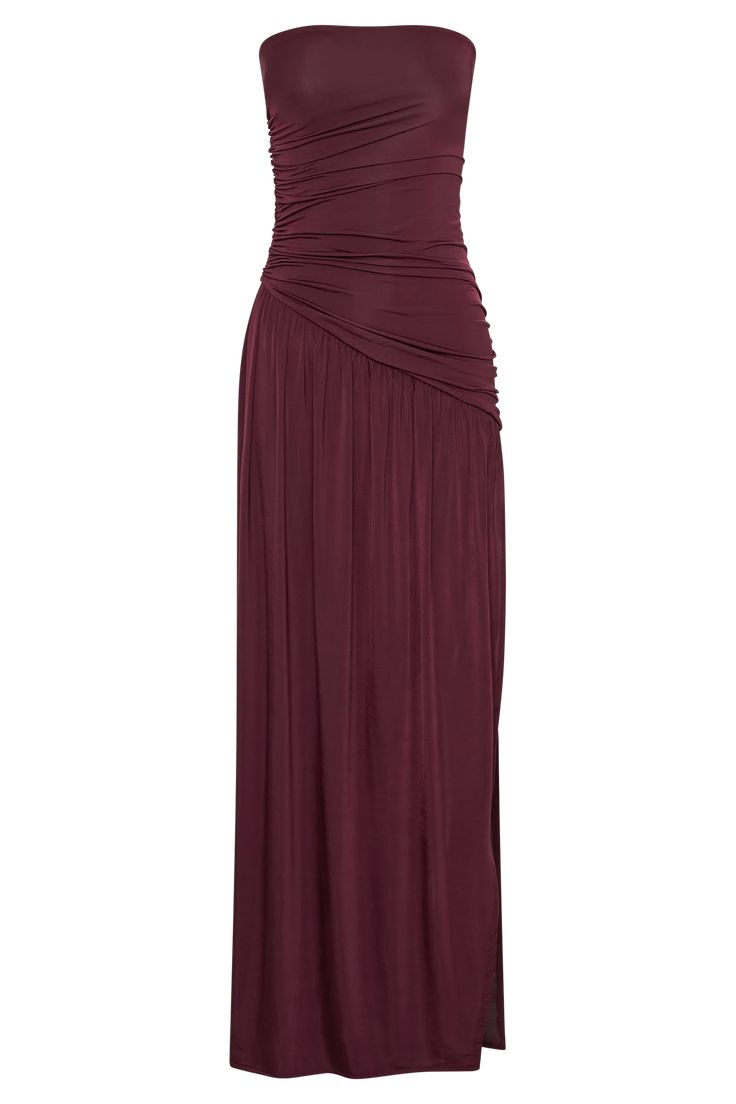 Bex Strapless Slinky Maxi Dress With Split - Burgundy