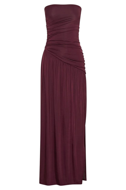 Bex Strapless Slinky Maxi Dress With Split - Burgundy