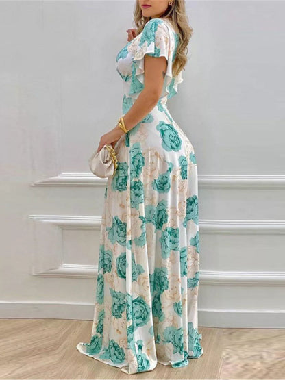 Pumpkin Floral Print V-Neck Ruffle Sleeve Maxi Dress - Fuchsia Pink / M