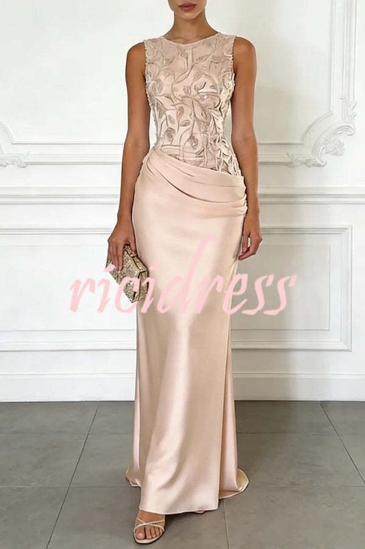 Pink Vera Mesh Embroidery Satin Ruched Crew Neck Sleeveless Gown Maxi Dress