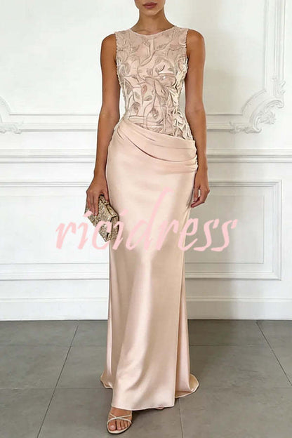 Gold Vera Mesh Embroidery Satin Ruched Crew Neck Sleeveless Gown Maxi Dress