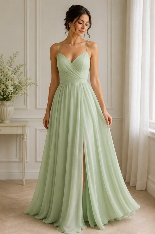 Sage Green Chiffon Maxi Dress, Spaghetti Strap V-Neck Formal Gown