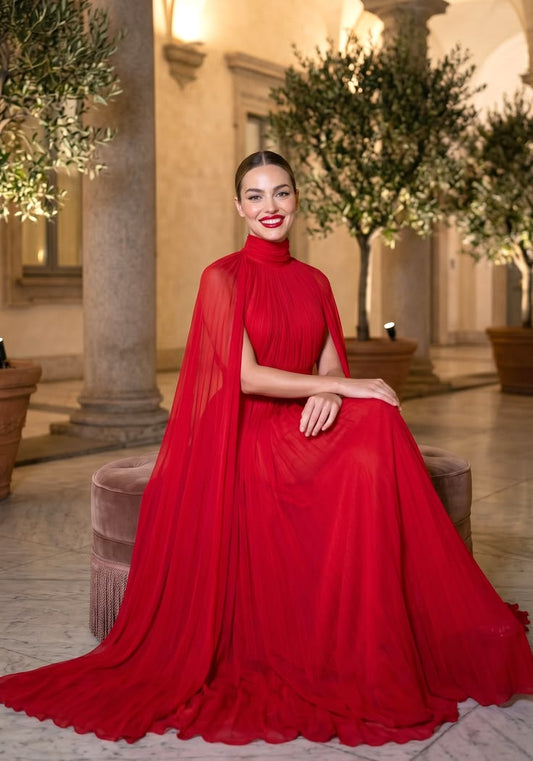 Matilda Cape Maxi Dress in Red