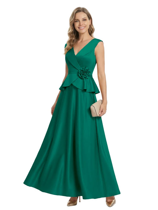 Chicsew Mother of The Bride Dresses V-Neck Sleeveless Satin Peplum Maxi Gown Fancy Flower Detailed Formal Wedding Dress 