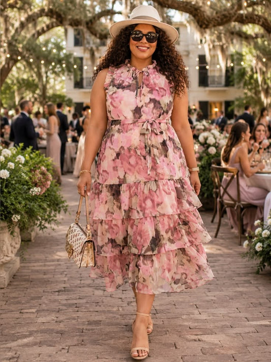 Msk Dresses | Msk Blush Floral Tiered Midi Dress Nwt | Romantic Luxe Waist Tie Flow Dress 3x | Color: Pink | Size: 3x