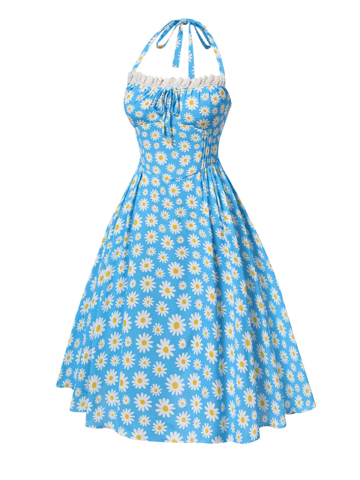 Sale] Blue 1950s Halter Lace Daisy Dress Margot Mesh Ruffle Maxi Dress