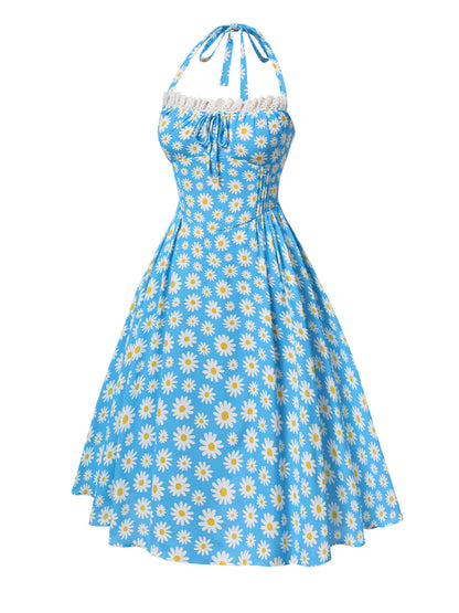 Sale] Blue 1950s Halter Lace Daisy Dress Margot Mesh Ruffle Maxi Dress
