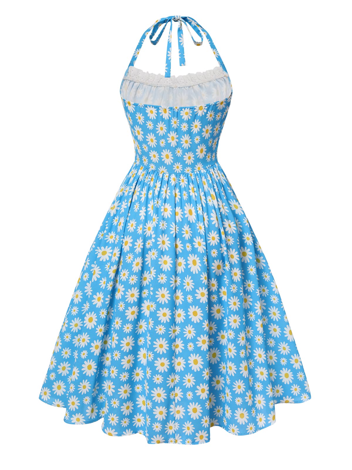 Sale] Blue 1950s Halter Lace Daisy Dress Margot Mesh Ruffle Maxi Dress