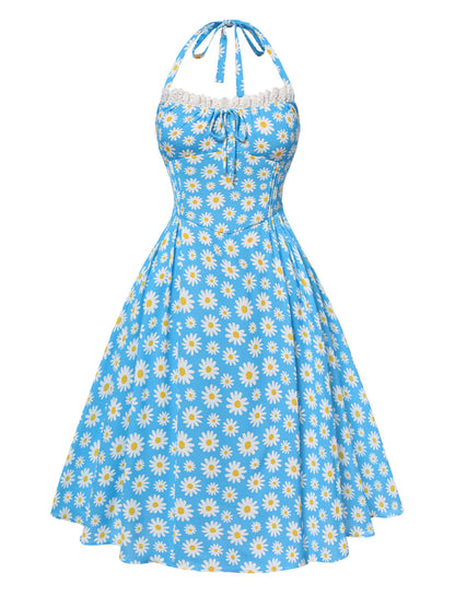 Sale] Blue 1950s Halter Lace Daisy Dress Margot Mesh Ruffle Maxi Dress