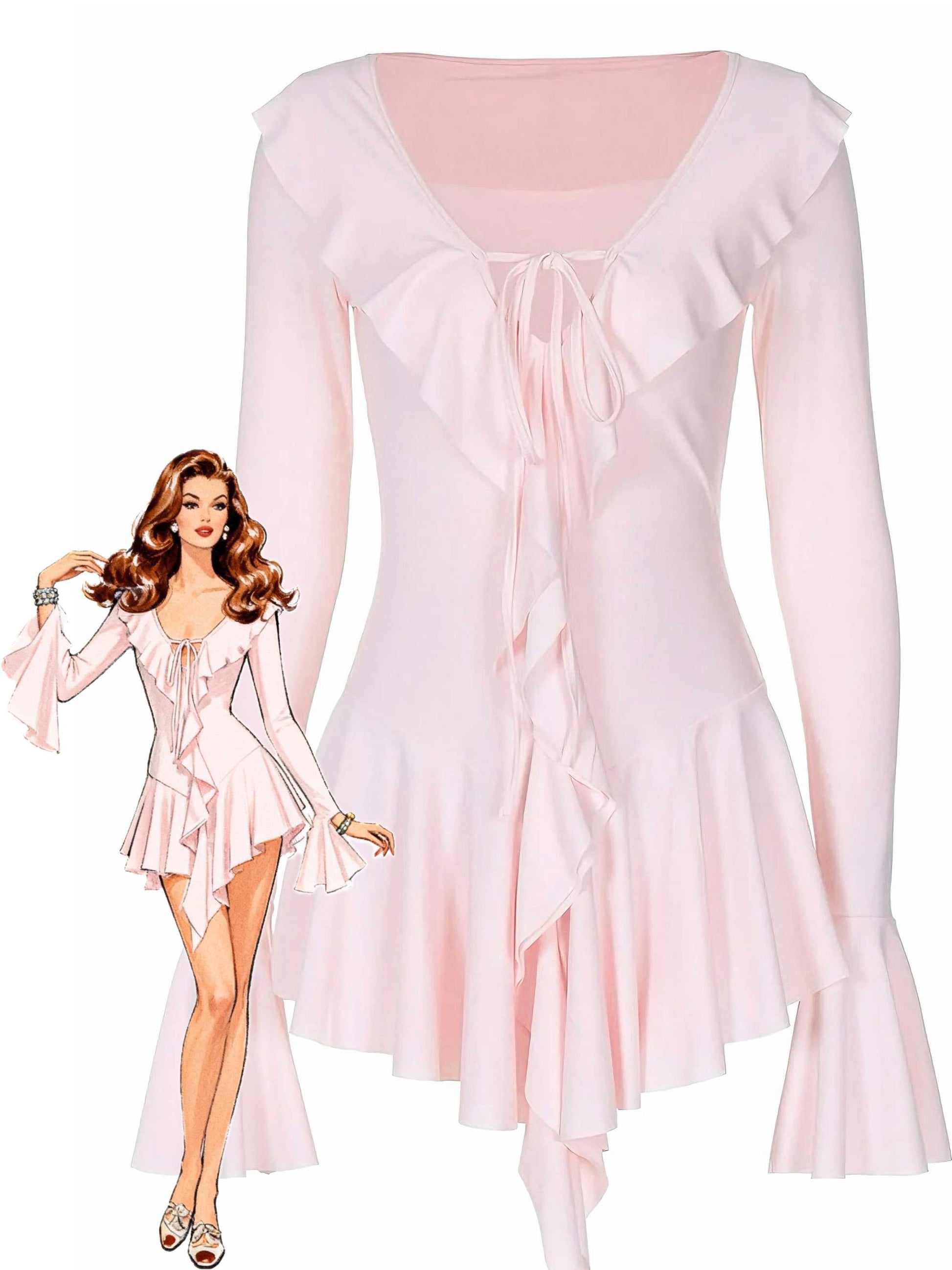 Neck Ruffle Flared Sleeve Dress Pink 1960s V-neck Wrap Floral Pencil Dress - Pink / S / 2