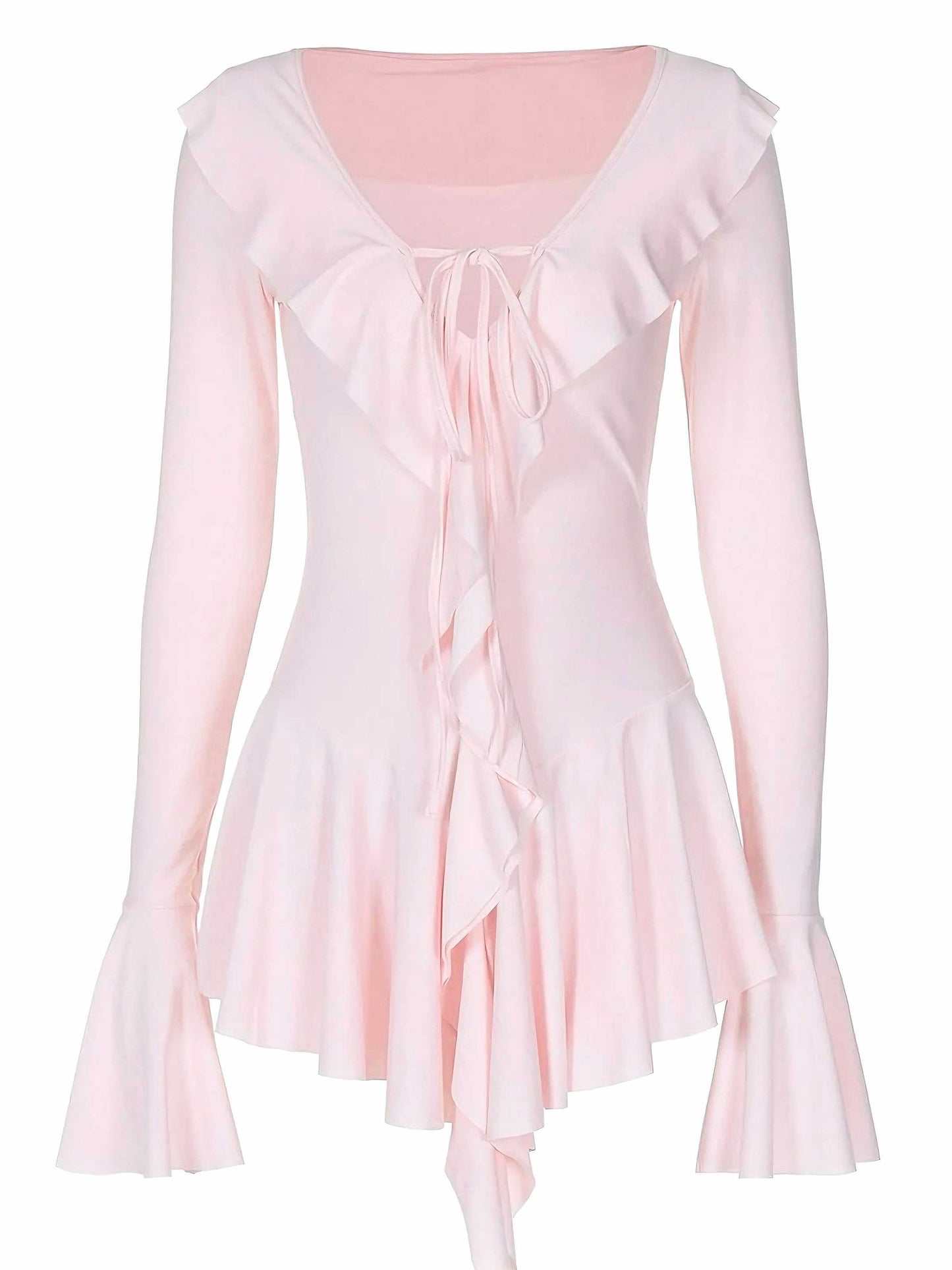 Neck Ruffle Flared Sleeve Dress Pink 1960s V-neck Wrap Floral Pencil Dress - Pink / S / 2