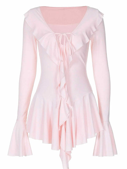 Neck Ruffle Flared Sleeve Dress Pink 1960s V-neck Wrap Floral Pencil Dress - Pink / S / 2