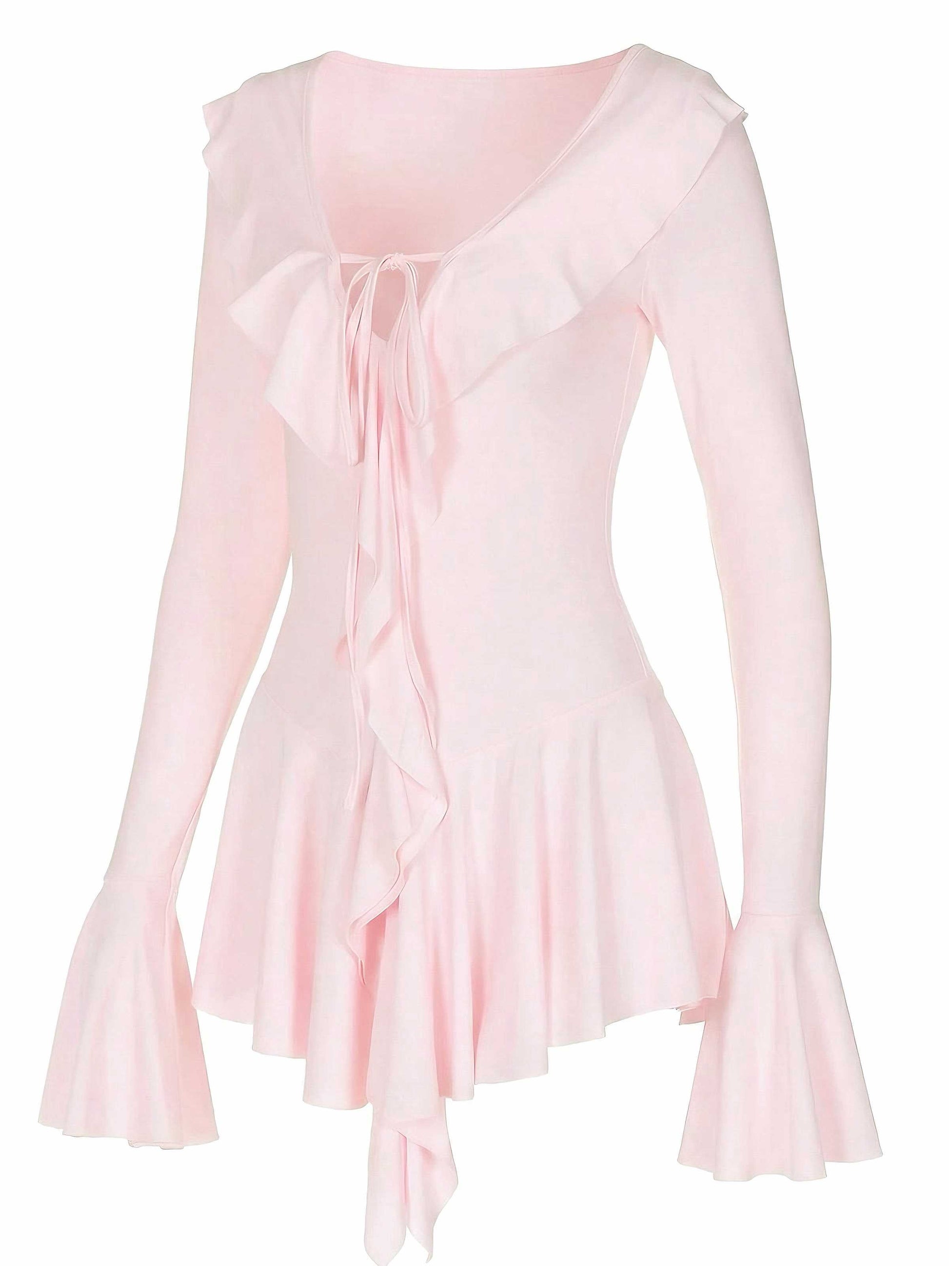 Neck Ruffle Flared Sleeve Dress Pink 1960s V-neck Wrap Floral Pencil Dress - Pink / S / 2