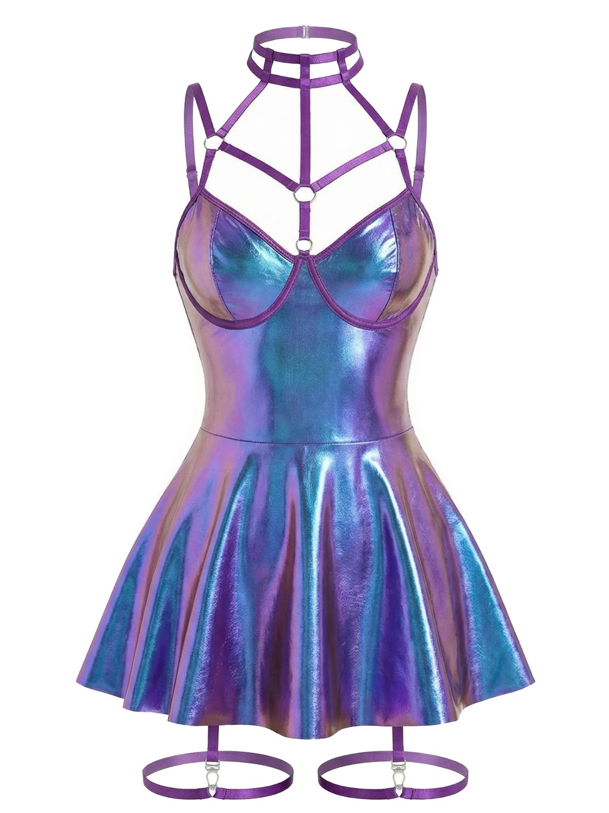 Sale] 1970s Patent Leather Halter Laser Slip Nightdress Margot Mesh Ruffle Maxi Dress