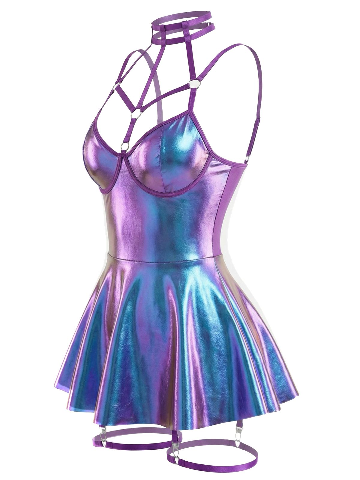 Sale] 1970s Patent Leather Halter Laser Slip Nightdress Margot Mesh Ruffle Maxi Dress