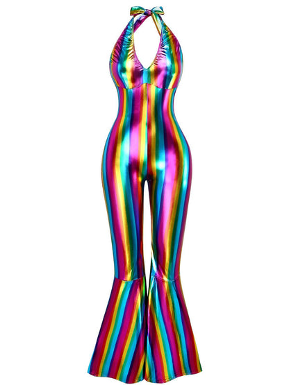 Sale] 1970s Rainbow Colorblock Disco Halter Jumpsuit Margot Mesh Ruffle Maxi Dress