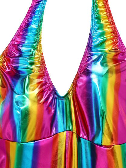 Sale] 1970s Rainbow Colorblock Disco Halter Jumpsuit Margot Mesh Ruffle Maxi Dress