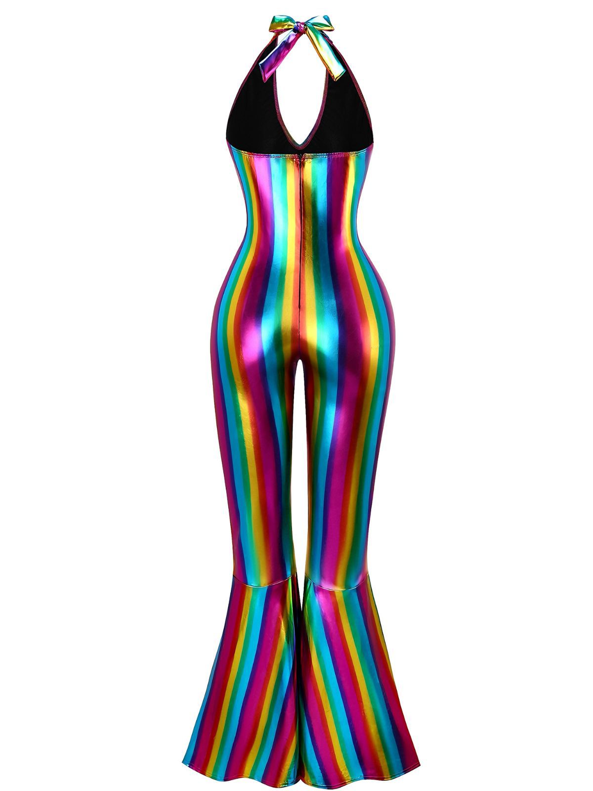 Sale] 1970s Rainbow Colorblock Disco Halter Jumpsuit Margot Mesh Ruffle Maxi Dress