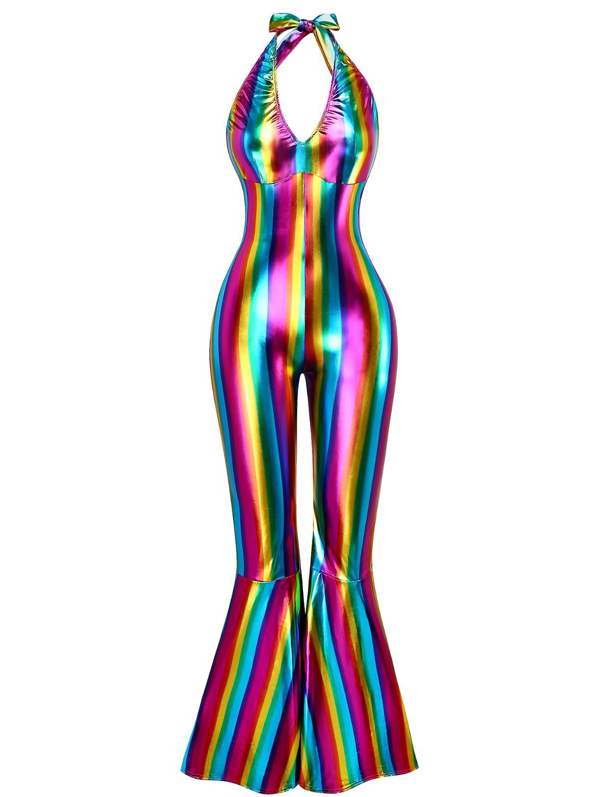 Sale] 1970s Rainbow Colorblock Disco Halter Jumpsuit Margot Mesh Ruffle Maxi Dress