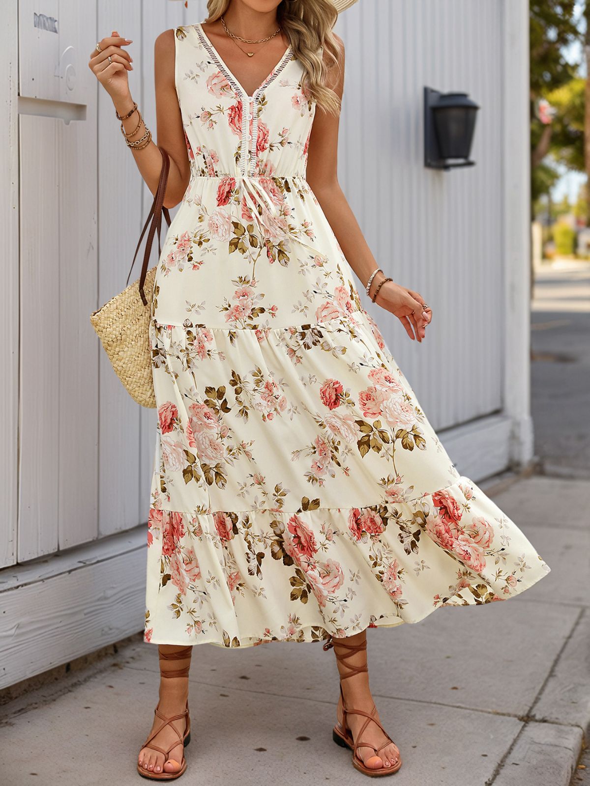 Neck Boho Roses Tiered Dress 1970s V-Neck Boho Roses Tiered Dress - Ivory / S