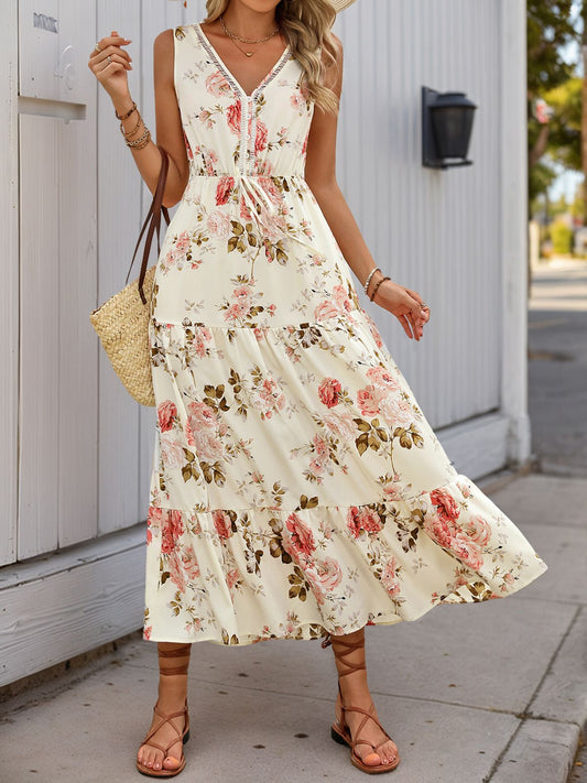Neck Boho Roses Tiered Dress 1970s V-Neck Boho Roses Tiered Dress - Ivory / S