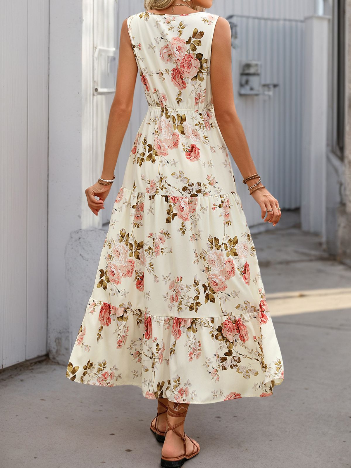 Neck Boho Roses Tiered Dress 1970s V-Neck Boho Roses Tiered Dress - Ivory / S