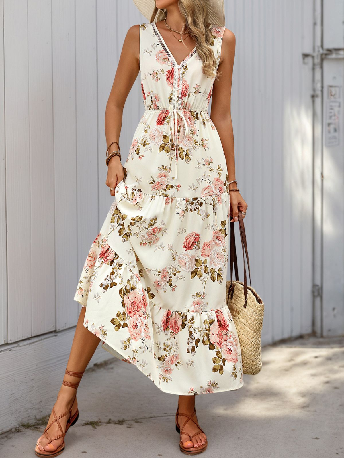 Neck Boho Roses Tiered Dress 1970s V-Neck Boho Roses Tiered Dress - Ivory / S