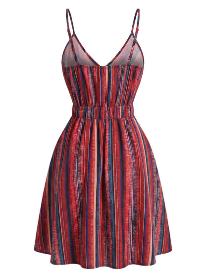 Neck Boho Style Striped Mini Dress 1970s V-Neck Boho Roses Tiered Dress - Ivory / S