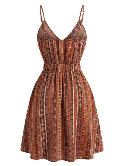 Neck Boho Style Striped Mini Dress 1970s V-Neck Boho Roses Tiered Dress - Ivory / S
